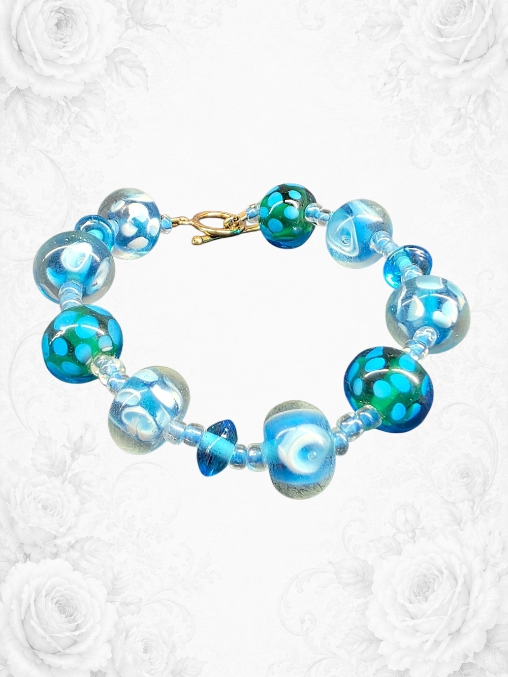 Artisan Lampwork Glass Bead Bracelet Aqua Blue Teal Gold Toggle 6.5"
